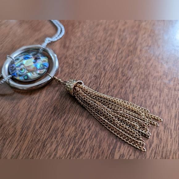 Handmade Gold Fringe and Rainbow Abalone Pendant Choker Necklace - Picture 8 of 9